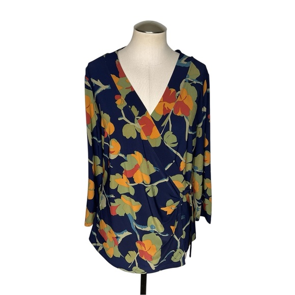 Ralph Lauren Tops - Lauren Ralph Lauren Floral Faux Wrap Top XL Navy D Ring Blouse